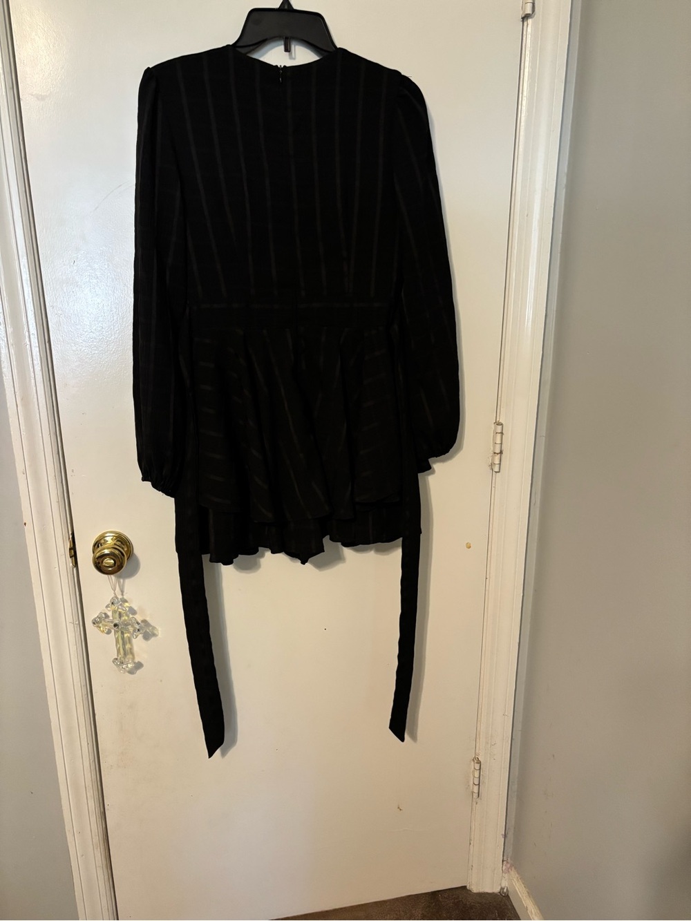 Black Long-Sleeve Wrap Mini Dress with Tie Waist - Picture 6 of 9